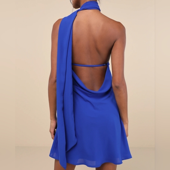 Lulus Isloda Blue One-Shoulder Cowl Backless Sash Mini Dress, Size XS - Picture 4 of 13